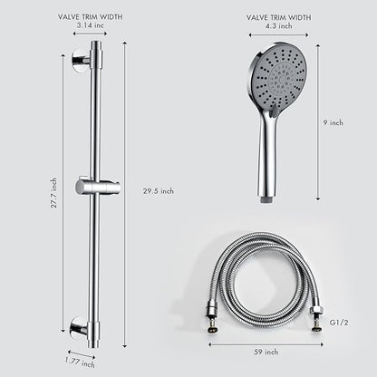 Adjustable Shower Slide Bar with 5-Function Handheld Shower Head, Stainless Steel Drill-free Mounted Slide Bar Combo with Extra Hose (Chrome)