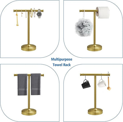 RUMOSE 13 Inch Brushed Gold Towel Stand Hand Towel Holder Bathroom Kitchen Vanity Countertop T-Shape Towel Rack Free Standing Stainless Steel Towel Bar Towel Ring