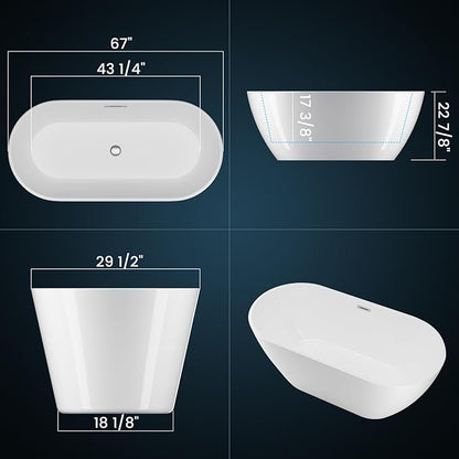 GarveeLife Freestanding Bathtubs 67 inch Acrylic Free Standing Soaking Tub, Freestanding Bathtub with Chrome Drain, Modern Free Standing Tub for Relaxing Soaking Tub Experience and Bathroom Remodel
