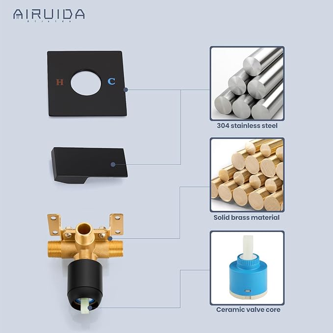 Airuida Square Single-Function Brass Faucet Shower Rough-in Valve Male Thread Bathroom Trim Kit Single Handle Tub Shower Valve 4.3 Inch Cover Plate Matte Black