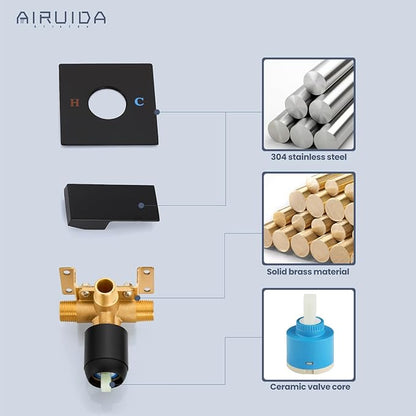 Airuida Square Single-Function Brass Faucet Shower Rough-in Valve Male Thread Bathroom Trim Kit Single Handle Tub Shower Valve 4.3 Inch Cover Plate Matte Black