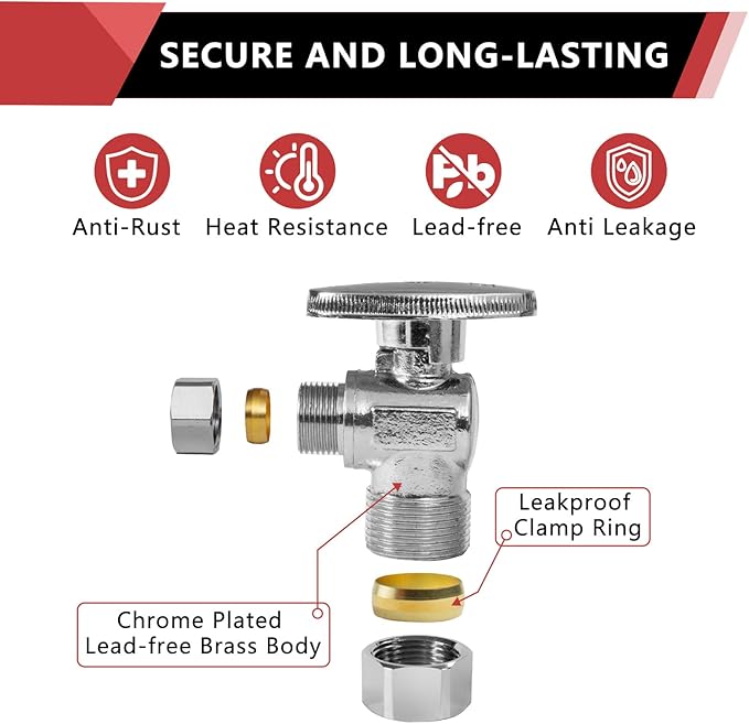 (Pack of 2) EFIELD Angle Stop Valve 1/2" Nominal (5/8" OD) Compression x 3/8" OD, 1/4-Turn,(VALVE116-2PCS)