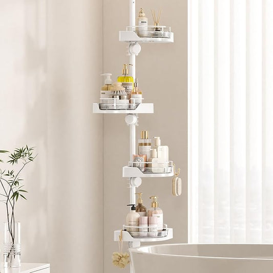 Shower Caddy Tension Pole with 4 L-Lazy Susan Organizer 360 Rotating 35-128 Inch No Drilling Floor Standing Shelves Adjustable Shower Rack for Bathroom Corner (White)