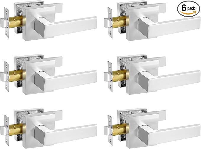 Square Passage Door Lever, Heavy Duty Interior Door Handles for Hallway& Closet Non-Locking Door Knob in Satin Nickel Keyless Door Lockset for Right & Left Side Door, 6 Pack