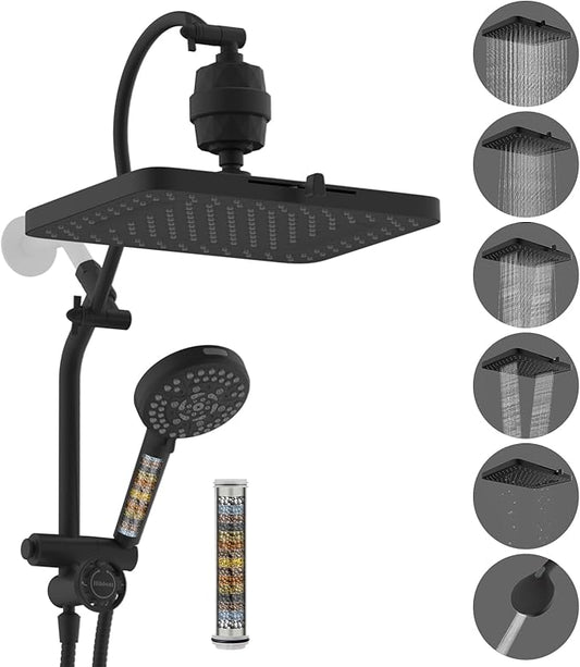 Hibbent 5-spray Dual Filtered Rainfall Shower Head Combo, High Pressure 13'' Showerhead with 10 Spray Mode Handheld, Easy Reach 4-way Diverter Shower Arm with Pause Mode, 71'' Hose and Holder, Black