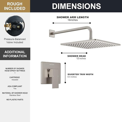 Lava Odoro 12-inch Modern Square Shower Faucet Set Brushed Nickel, Shower Trim Kit with Rough-in Valve High Pressure Rainfall Shower Head and Handle Set (Valve Included), SF106-BN