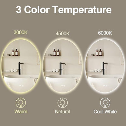 32 X 24 Inch Oval Backlit LED Bathroom Mirror Anti-Fog 3 Colors Light Dimmable Wall Mounted Lighted Bathroom Vanity Mirror Smart Makeup Mirror with Touch Switch