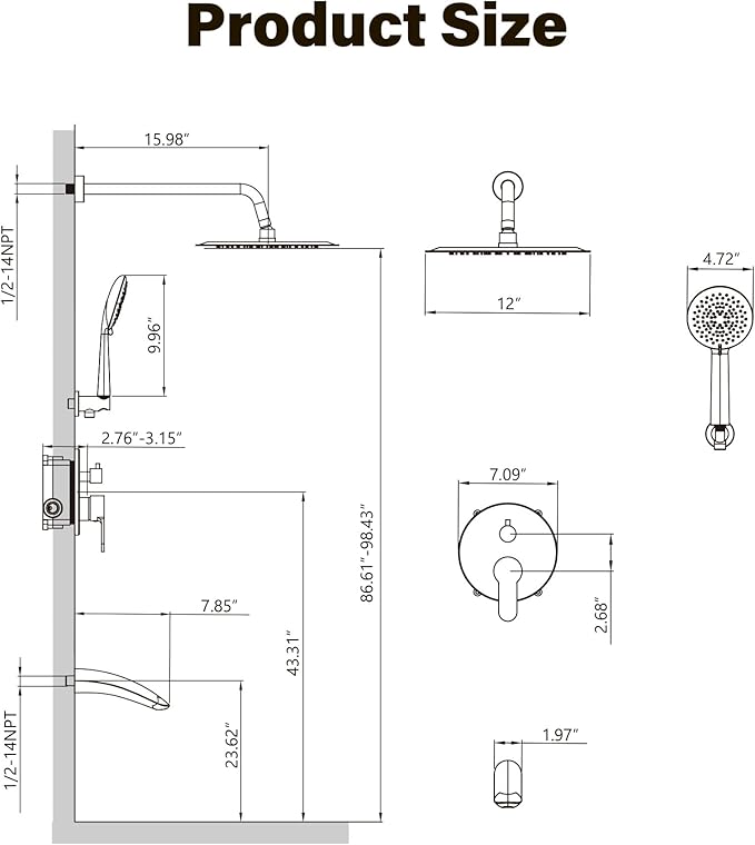 Gabrylly Shower System with Tub Spout, Bathtub Shower Faucet Set with High Pressure 12" Rain head and Handheld Spray, 3-Way Pressure Balance Valve Kit, Brushed Nickel