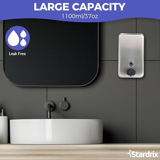 Heavy Duty Stainless Steel Wall Mount Soap Dispenser, 1100ml/37oz, with Corrosion Proof Lining and Anti-Leak Pump for Commercial & Home Bathroom Kitchen(Vertical)