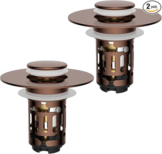 Hibbent 3 Pack 3 in 1 Bathroom Sink Drain Strainer, Universal Pop Up Stopper with Removable Stainless Steel Filter Basket Hair Catcher, Sink Plug for 1.1''~2.36'' Basin, Brass Bullet Core, Rose Gold