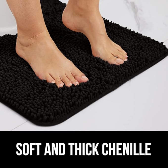 GORILLA GRIP Bath Rug Mat 30x20, Thick Soft Absorbent Chenille, Quick Dry Microfiber Mats, Rubber Backing Washable Shower Floor Rugs, Bathmat Runner, US Designed Bathroom Home Decor Accessories Black