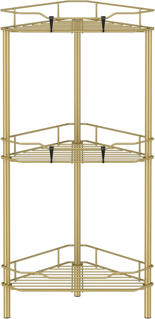 3 Tier Floor Standing Corner Shower Caddy Organizer Shelf with Hooks, Bathroom Shelves Stand Rack, Gold