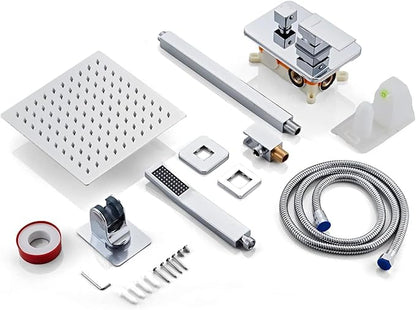 10 Inch Ceiling Mount Shower Faucet Set, Silver Rainfall Shower System with Valve Trim, Square Rain Shower Spray Combo Luxury Shower Fixtures Polish Chrome Shower Head and Handle Set