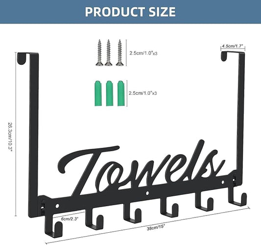 2 Pack Over The Door Hooks, Towel Rack for Bathroom Towel Holder for Hanging Heavy Duty, Over Door Towel Hanger with 12 Coat Hooks for Bedroom Bathroom Kitchen Towels, Bag, Hats, Black