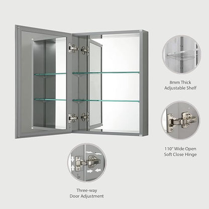 Blossom 16x20 Inch Aluminum Medicine Cabinet with Mirror – Recessed or Surface Wall Mounted Bathroom Storage with Adjustable Glass Shelves, Soft Close Hinges, Rust-Resistant and Modern Mirrored Design