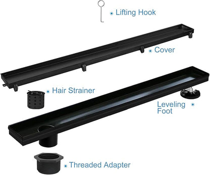 Offset Linear Shower Drain, Matte Black Shower Drain 32 inch with Removable Grate Cover, Brushed 304 Stainless Steel Side Outlet Black Shower Floor Drain with Hair Catcher and Leveling Feet