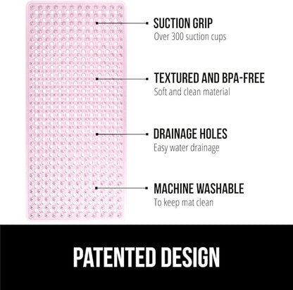GORILLA GRIP Patented Bath Tub Shower Mat, Machine Washable Bathtub Floor Liner Mats, Suction Cups and Drain Holes to Keep Tubs Clean, Soft on Feet, Bathroom Essentials, 35x16 Inch, Clear Light Pink