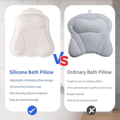 Goowin Bath Pillows for Tub, New Generation Skin-Friendly Silicone Bath Pillow, Luxury Bathtub Pillow for Head and Neck, Powerful Suction Tub Pillow for Bathtub with Inflatable Airbag (Off-White)
