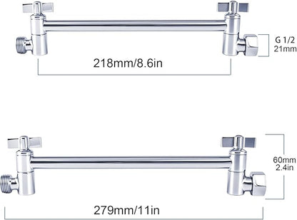 Heavy Duty Adjustable Shower Arm, 11" Brass Extension with Gear Lock Teeth & Swivel Nut, Strong Load Support, No Sagging, Keeps Shower Head Straight, Leak-Free, G1/2 Universal (Chrome)