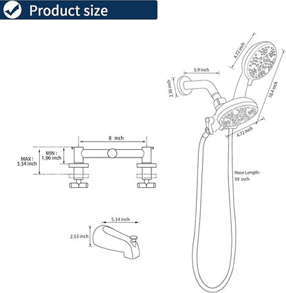 2 Handles Shower Faucet Set with Tub Spout Bathtub Shower Faucet Combo Set Shower System Complete Tub and Shower Trim Kit Matte Black Wall Mounted Shower Fixtures