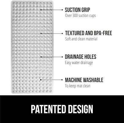 GORILLA GRIP Patented Bath Tub Shower Mat, Machine Washable Bathtub Floor Liner Mats, Suction Cups and Drain Holes to Keep Tubs Clean, Soft on Feet, Bathroom Essentials, 35x16 Inch, Clear Gray
