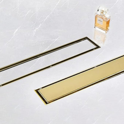 Linear Shower Drain, 32 inch Gold Drain with Tile Insert 2-in-1 Panel, Brushed 304 Stainless Steel Gold Shower Floor Drain, Linear Drain with Hair Strainer and Adjustable Feet