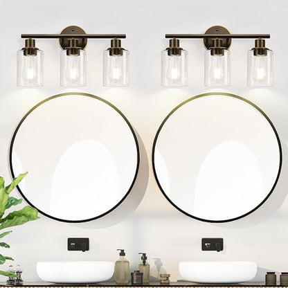 3-Light Bathroom Light Fixtures, Brown and Gold Bathroom Wall Lights, Modern Vanity Light with Clear Glass Shade, Bathroom Wall Lamp for Mirror Hallway Cabinet