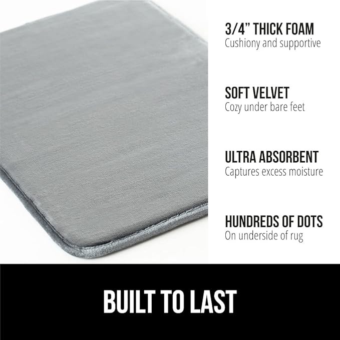 GORILLA GRIP Memory Foam Bath Rugs, Soft Absorbent Velvet Bathroom Mats, Durable Dots on Underside, Machine Washable Bathmat, Carpet Rug Room Decor for Shower Floor, 48x24 Mat, Graphite Gray