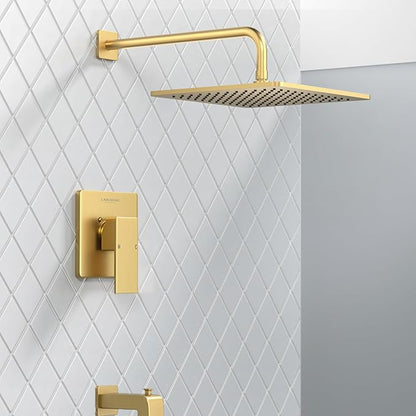 Lava Odoro 12-inch Square Bathtub and Shower Faucet Set Brushed Gold, Shower Trim Kit with Rough-in Valve High Pressure Gold Rainfall Shower Head and Handle Set, (Valve Included), SF106-SG-T