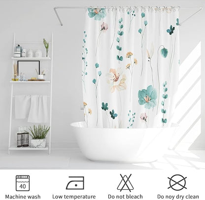 Gibelle Watercolor Floral Shower Curtain, Teal Beige Flower Shower Curtain for Bathroom, Modern Minimalist White Waterproof Fabric Shower Curtain Set 72x72 Inch