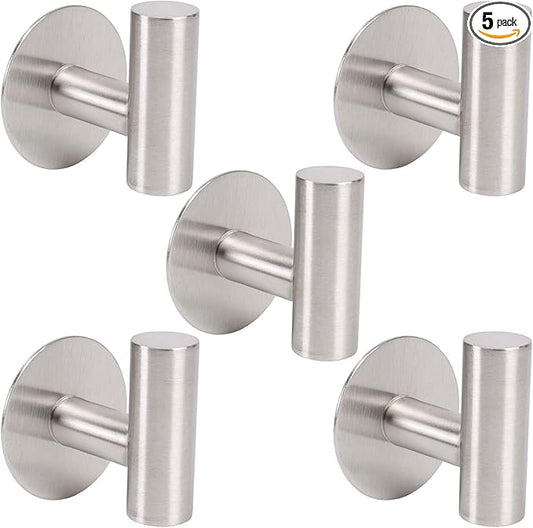 TocTen Bath Towel Hook, Strong Self Adhesive Robe Hook, SUS 304 Stainless Steel Stick on Wall Coat/Clothes Hook No Drilling, Shower Wall Hook for Bathroom Kitchen Office Closet(Brushed Nickel, 5 Pack)