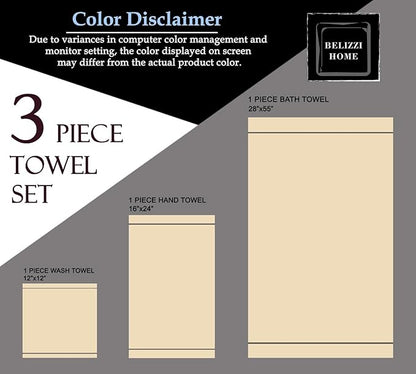 Belizzi Home Ultra Soft 3 Pack Cotton Towel Set, Contains a Bath Towel 28x55 inch, a Hand Towel 16x24 inch & a Wash Coth 12x12 inch, Ideal Everyday use, Compact & Lightweight -Ivory