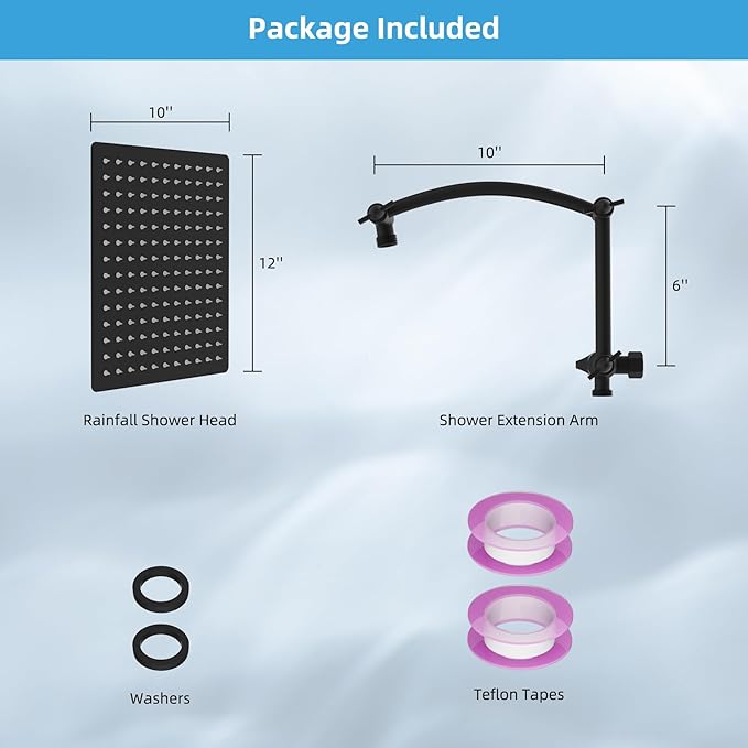 Hibbent All Metal cUPC Certified Rain Shower Head, 12'' High Pressure Rainfall Showerhead with 16" Shower Head Extension Arm, Solid Brass Adjustable Shower Arm Extender, fixed Showerheads, Matte Black