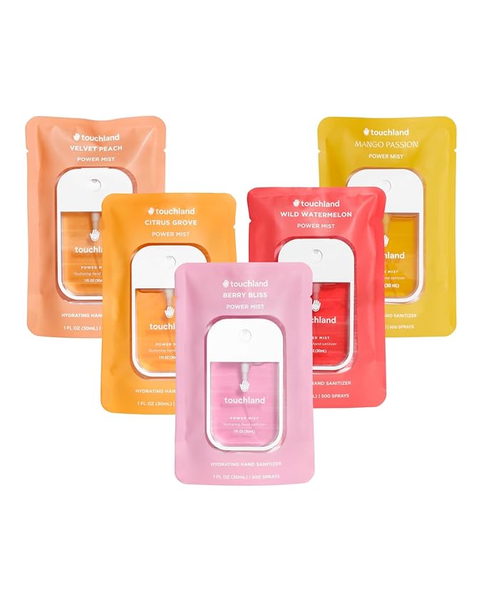 Touchland Hydrating Hand Sanitizer Spray, JUICY 5 Set (Citrus, Berry, Watermelon, Peach, Mango), 1 FL. OZ. Travel Size Power Mist Sprays (Set of 5)