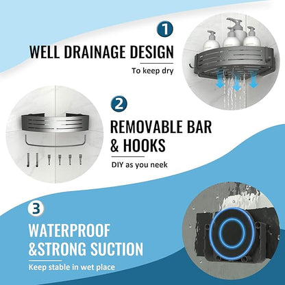 Onemake Corner Shower Caddy Suction Cup, Aluminum Wall Mounted Organizer Shelves Storage Rack with Towel Bar for Small Bathroom Grey