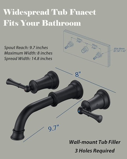 High Flow Wall Mount Tub Filler with Rough-in Valve, Wall Mount Tub Faucet, Brass Roman Bathtub Faucet 2 Handle with 360° Swivel Spout, Matte Black(B2306-BK)
