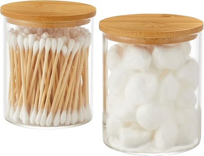 Glass Qtip Holder Dispenser with Bamboo Lid - 2 Pack Apothecary Jars - Cotton Balls Pads Swabs Holder Jar - Bathroom Vanity Canisters Jars for Countertop Storage and Organization