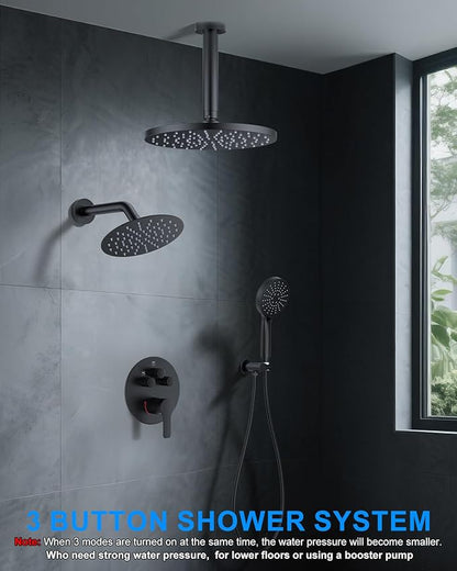 Shower System with Pressure Balance Valve, 10" Ceiling Mount Shower Faucet Set with 2 Rain Shower Head And Multi-function Handheld Head Push Button Diverter Pressure Balancing Valve Kit, Matte Black