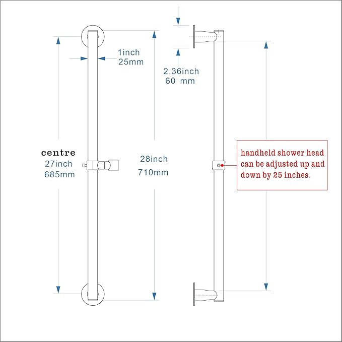 RRAJJ Shower Slide bar That is Installed by pasting or Punching Holes，Adjustable Height 28 inch of All SUS304 Stainless Steel Shower Head Holder(All Stainless Steel- Chrome)