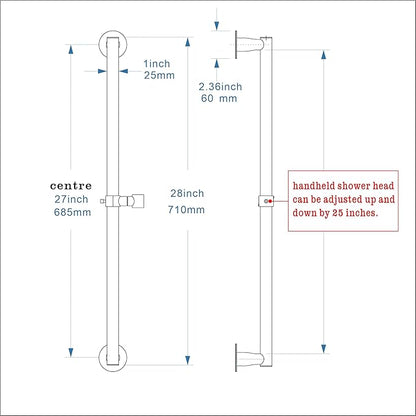 RRAJJ Shower Slide bar That is Installed by pasting or Punching Holes，Adjustable Height 28 inch of All SUS304 Stainless Steel Shower Head Holder(All Stainless Steel- Chrome)