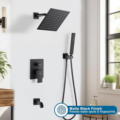 POP SANITARYWARE Matte Black Shower Faucet Set with Tub Spout Bathroom Rainfall 8 Inch Shower Head System with Handheld Single Handle Shower Trim Kit with Valve