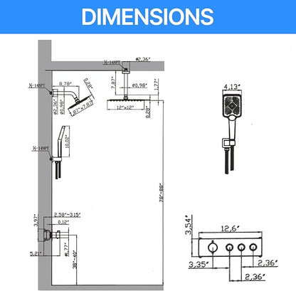 Shower System Brass Thermostatic Shower Faucet Set With Valve and Diverter Shower Mixer With Rain Head and Handheld High Pressure Square Rainfall