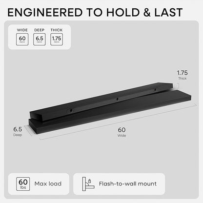 Homeforia Floating Black Shelf 60 inch, High End Solid Real Wood 60 inches Long Floating Shelves for Wall, Black Wooden 60inch Large Floating Shelves, Heavy Duty Bracket, 60 X 6.5 X 1.75 in, Set of 3