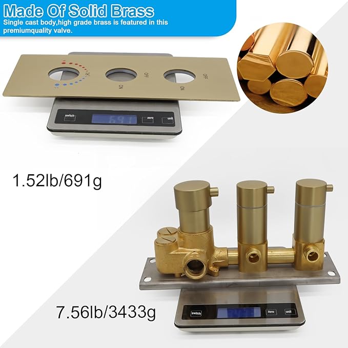 HOMEDEC 2 Way Shower Diverter Valve, Brass Dual Functions Thermostatic Shower Mixing Valve Kit 3 Handle Flow Control Valve, 3/4 Inch Inlet, Can Run Simultaneously(Brushed Gold)