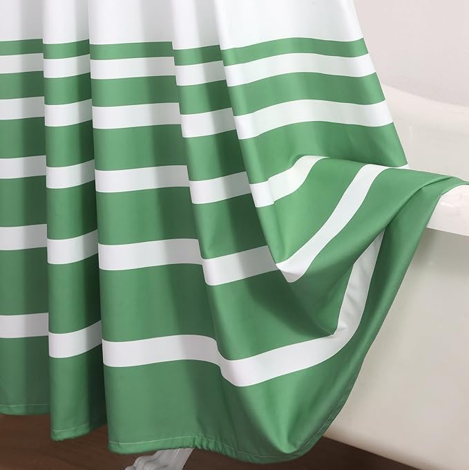 Extra Long Green and White Striped Shower Curtain 72x84 Inches, Waterproof Fabric with Modern Gradient Lines, 12 Rustproof Grommets & Weighted Hem