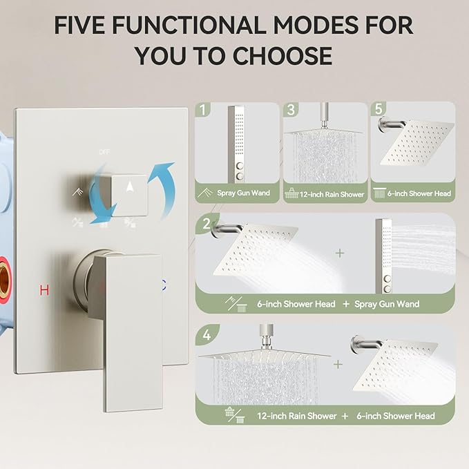 Shower Faucet Set Brushed Nickel Shower System,Bostingner Five Function Diverter Dual Head Shower Set,12'' Ceiling Mount and 6’‘ Wall Mount Rainfall Shower System with 2 in 1 Handheld Spray