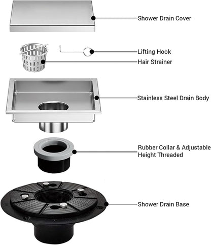 4 Inch Square Shower Floor Drain, Shower Drain Kit with Flange and 2 in 1 Tile-Insert Cover, Square Shower Drain, SUS 304 Stainless Steel Floor Drain,Silver
