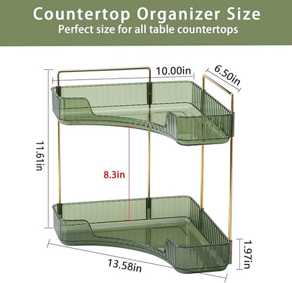 2-Tier Corner Bathroom Counter Organizer – Storage Shelf for Makeup, Perfume & Skincare, Space-Saving Countertop Tray Fits Bathroom, Dresser, Kitchen (Green)