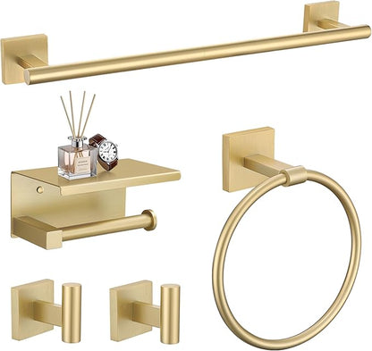 TURS 5-Pieces Brushed Gold Bathroom Hardware Set 23.6 Inch SUS304 Stainless Steel Towel Bar Set Wall Mounted Square Toilet Paper Holder with Shelf