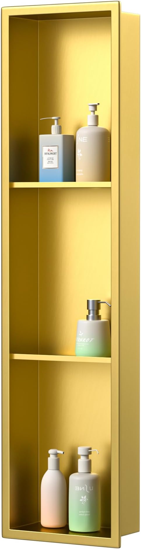 Stainless Steel Shower Niche 8"×36" with 3-Tier Shelve Gold No Tiled Needed Niche Shower for Wall Recessed Shower Shelf for Bathroom Storage